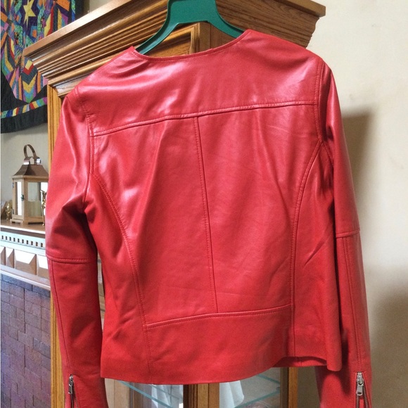 Burnt Red Leather jacket with zip sleeves and double zipper pockets. - Picture 2 of 5